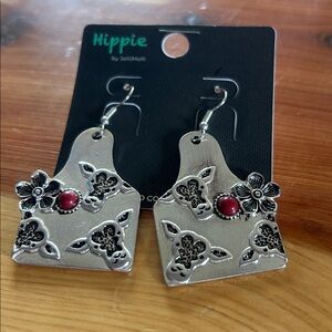 Hippie by JolliMolli Silver Floral Drop Earrings with Red Accent Cow Ear Tag